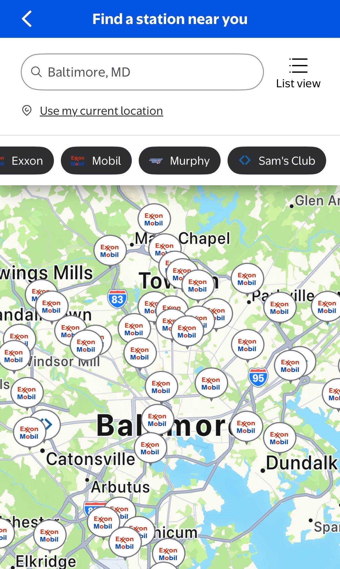 Map showing participating gas stations for Walmart+ gas benefit.