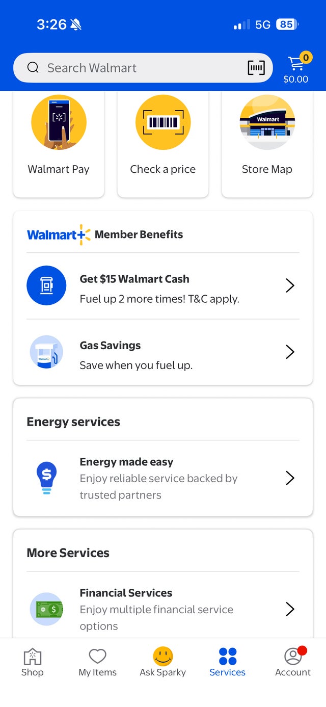 Walmart+ app showing services