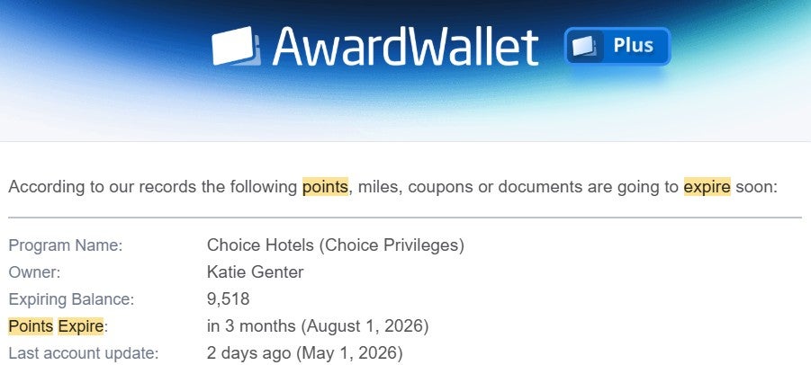 Email from AwardWallet about points expiring