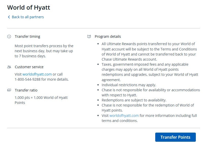Transferring Chase points to Hyatt