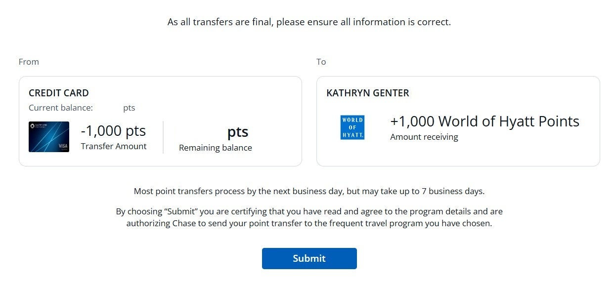 Transferring Chase points to Hyatt