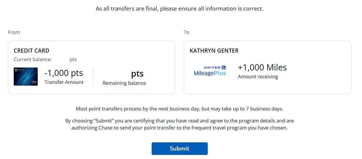 Transferring Chase points to United
