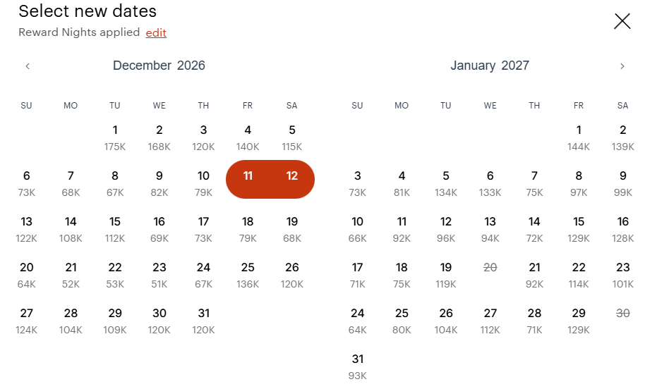 IHG award cost calendar