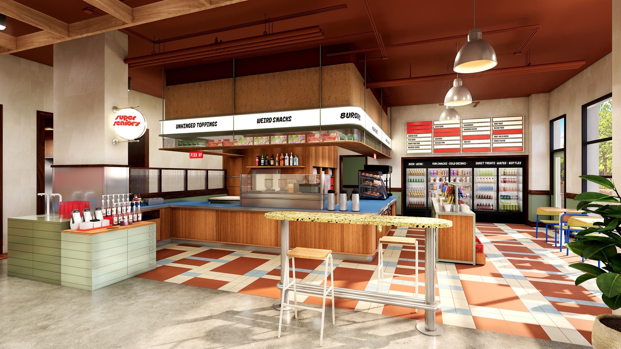 Rendering of the food and beverage venue at an Undergraduate by Hilton hotel, featuring a colorful modern snack bar, casual seating, bright geometric floor tiles, warm wood accents and a contemporary collegiate-inspired design