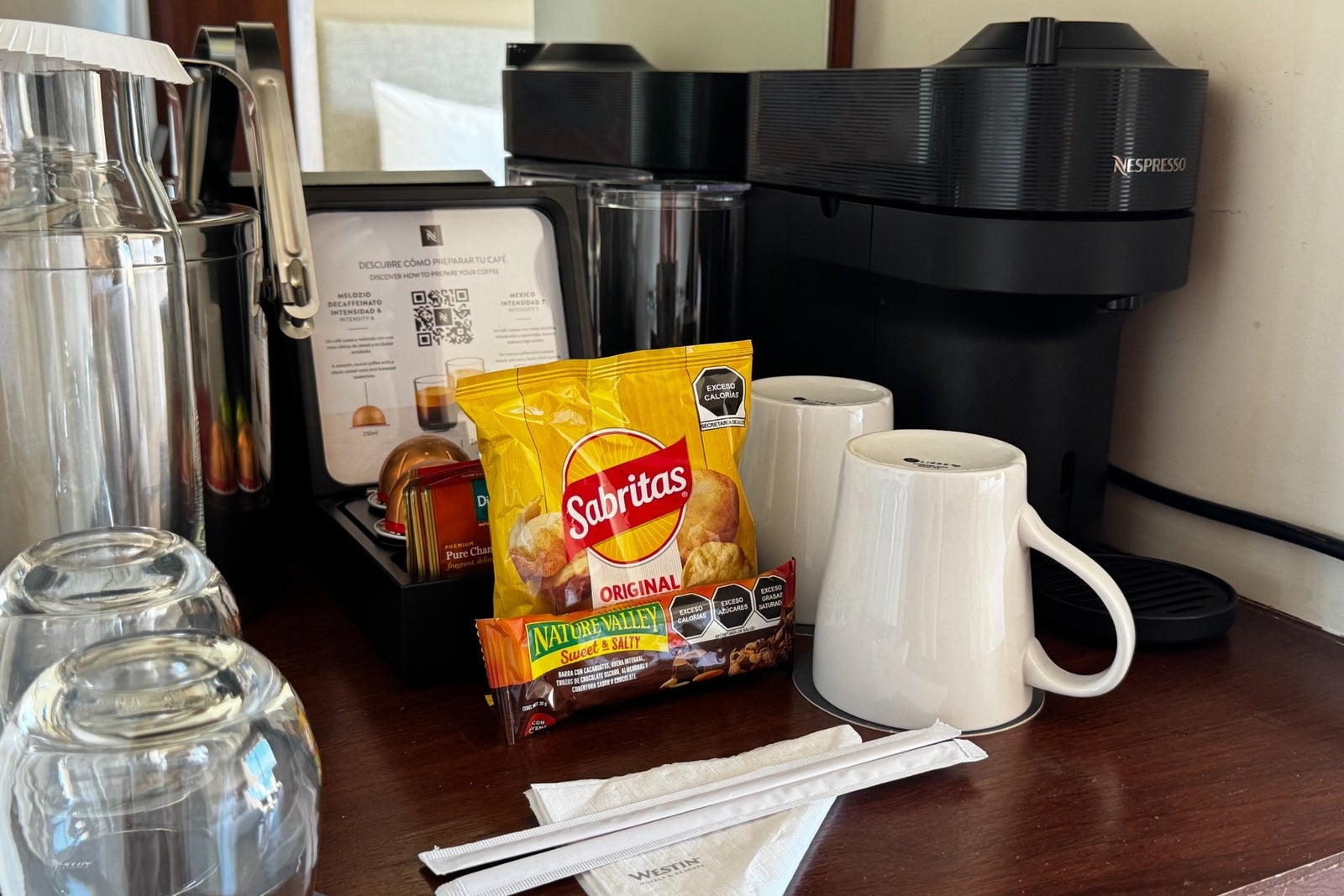 Guest room amenities including chips and coffee at Westin Playa Vallarta