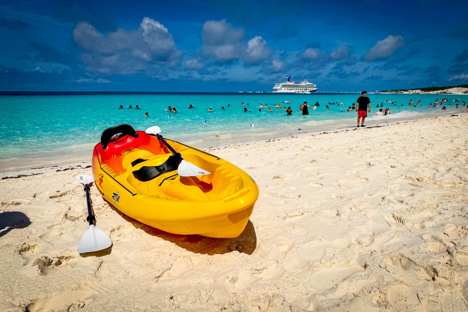 A kayak on the beach at RelaxAway, Half Moon Cay.