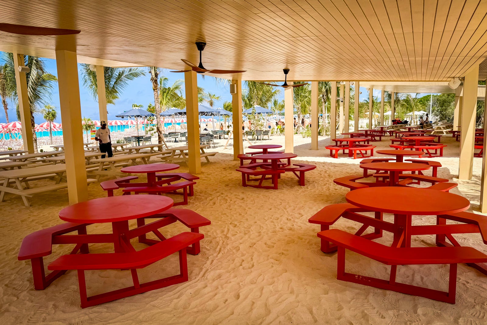 Covered outdoor seating at the Hibiscus Beach Grill.