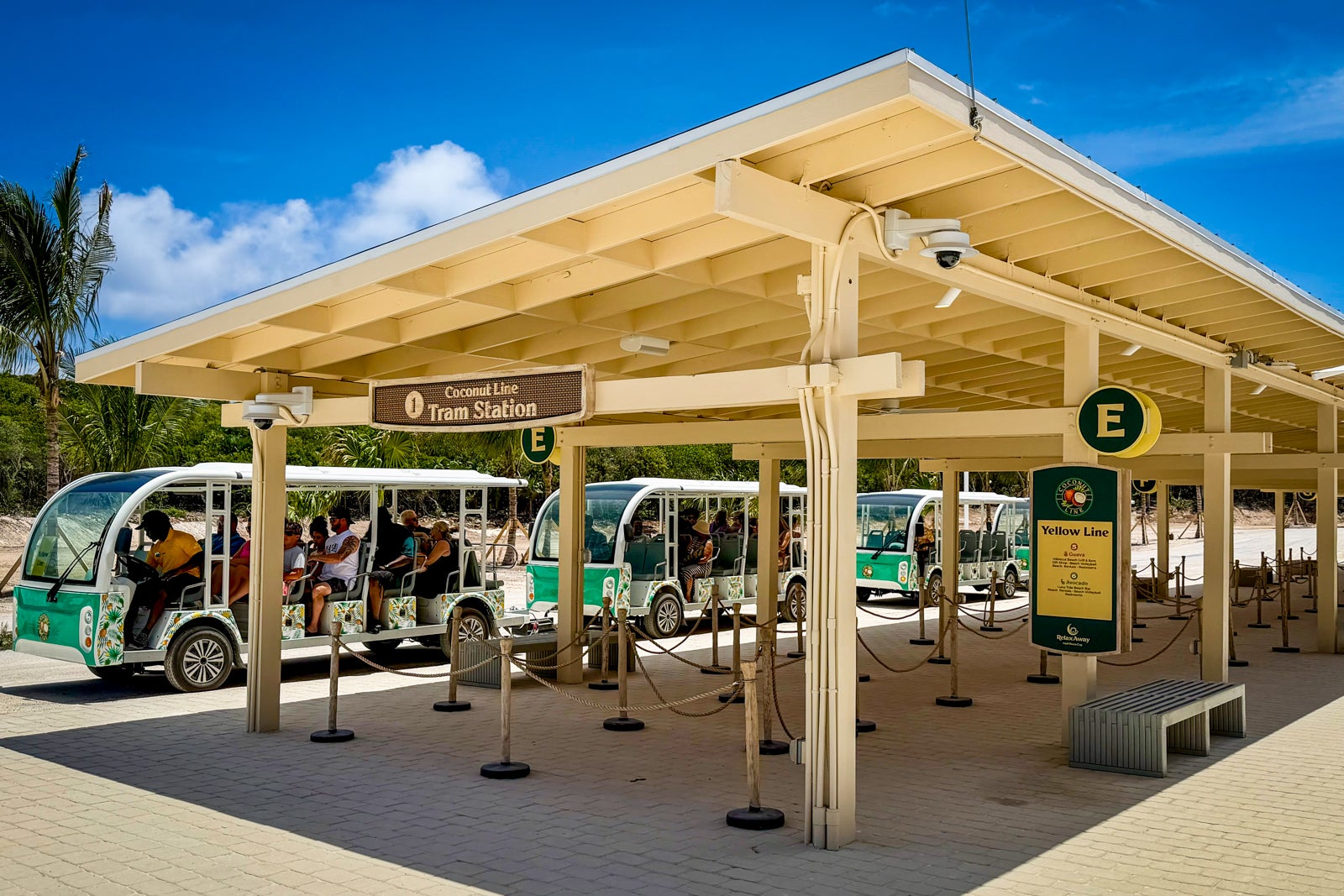 The Arrival Plaza at RelaxAway, Half Moon Cay is dominated by a large tram loading area.