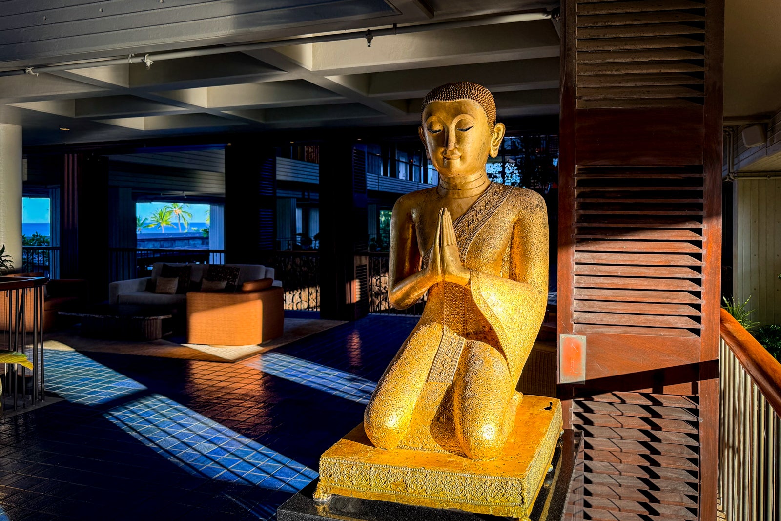Mauna Kea Beach Hotel Couch, Female, Floor, Flooring, Handrail, Indoors, Person, Plant, Woman, Adult