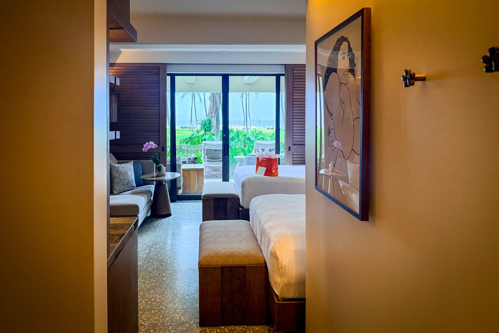 Mauna Kea Beach Hotel Bench, Chair, Floor, Flooring, Furniture, Home Decor, Indoors, Interior Design, Living Room, Bed