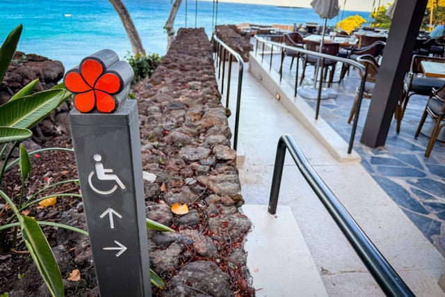 Mauna Kea Beach Hotel Furniture, Path, Person, Potted Plant, Table, Walkway, Water, Waterfront, Wood, Dining Table