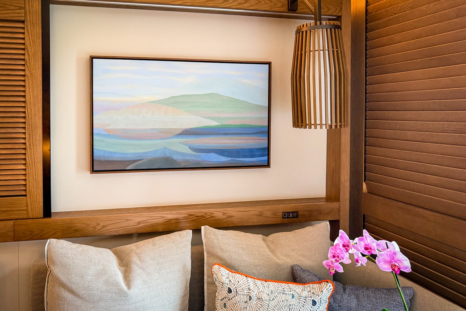 Mauna Kea Beach Hotel Cushion, Home Decor, Indoors, Interior Design, Painting, Pillow, Wood Panels, Art