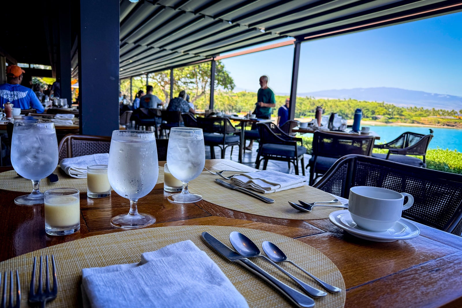 Mauna Kea Beach Hotel Cutlery, Dining Table, Fork, Furniture, Indoors, Knife, Person, Restaurant, Table, Cup