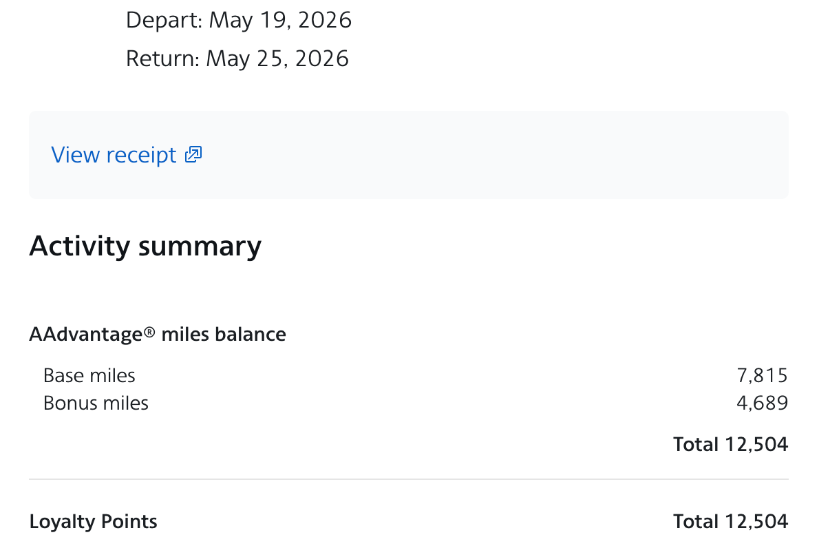 Screenshot showing miles flown from PHL to LHR to ACC on American Airlines.