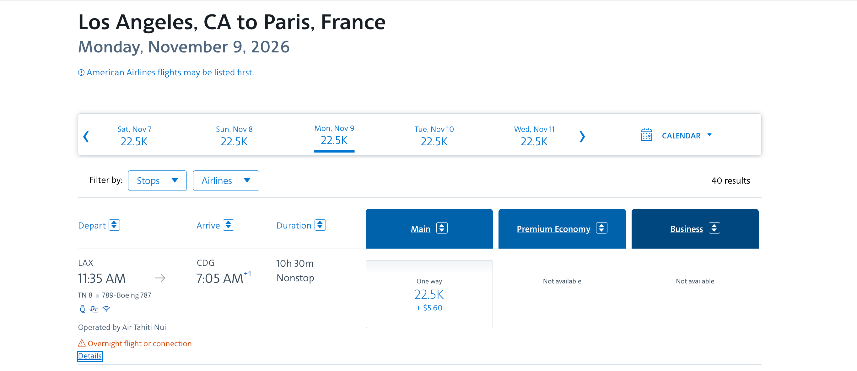 Air Tahiti Nui award using American Airlines miles