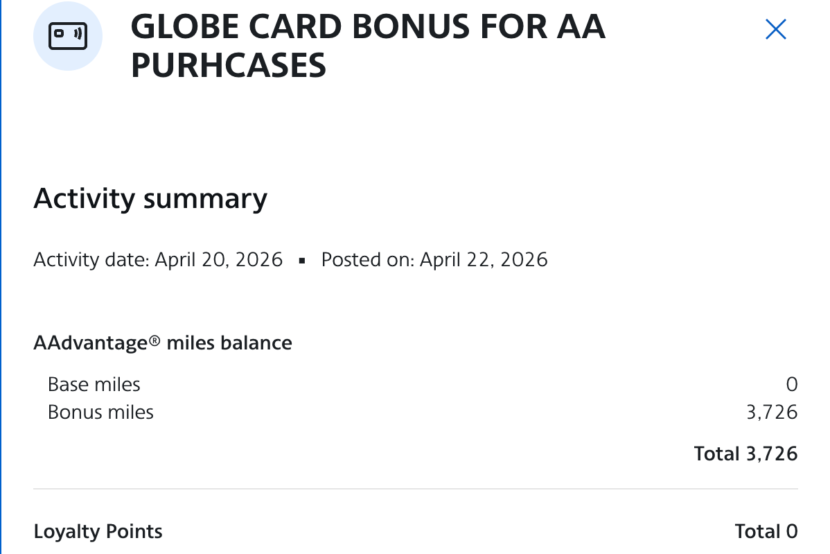 Screenshot showing bonus miles for AA flight purchase with Globe Mastercard