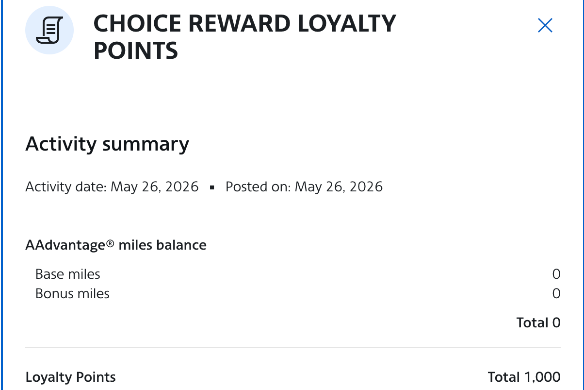 Screenshot showing AA loyalty choice reward