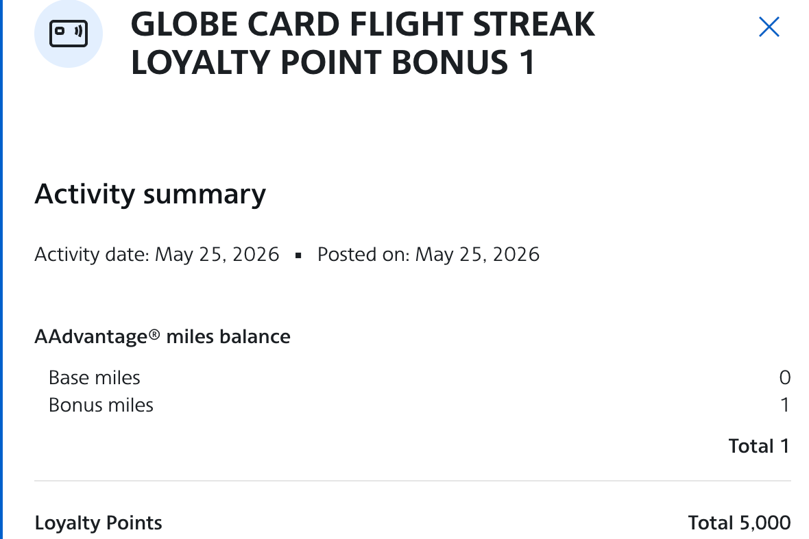 Screenshot showing AA Globe card flight streak bonus
