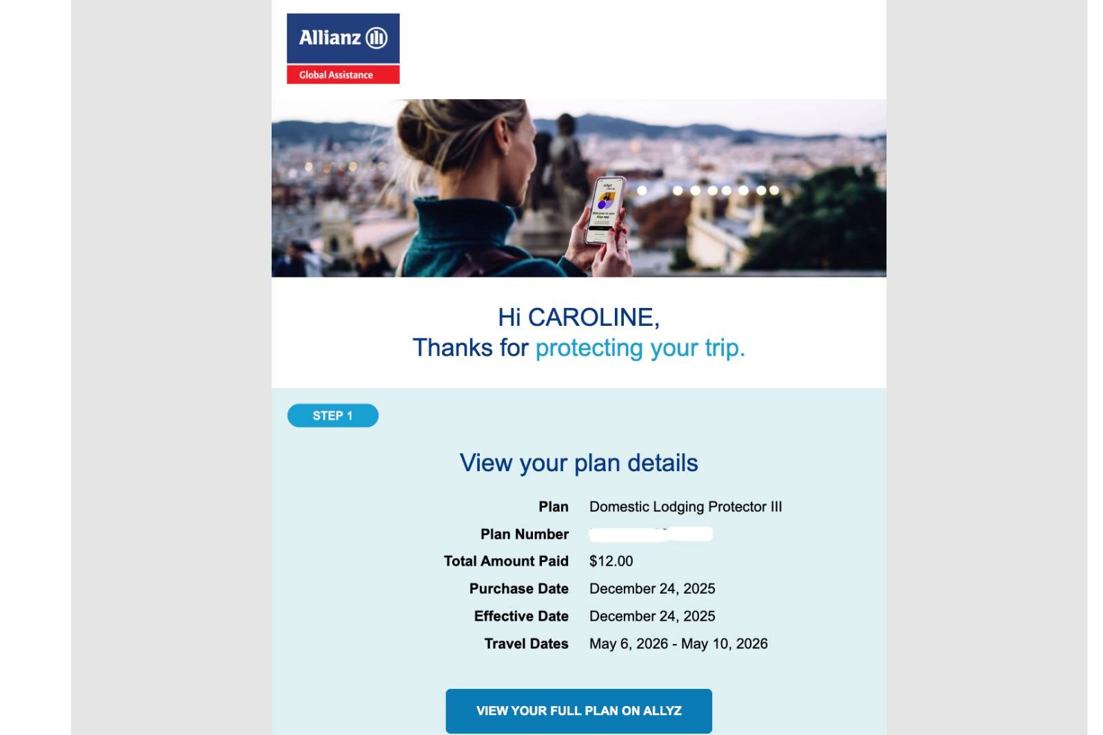 email of insurance policy screenshot