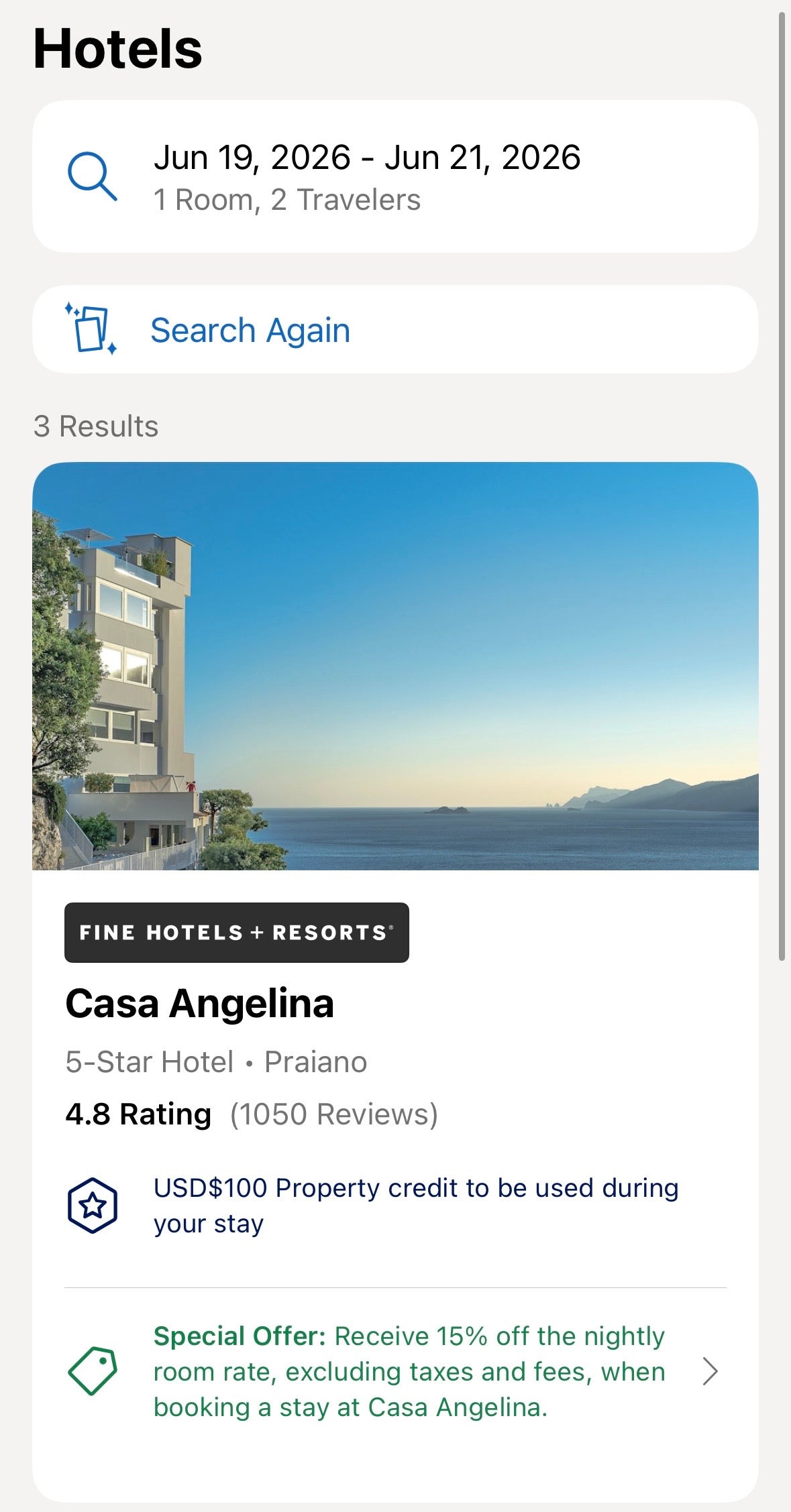 amex Travel app hotel details