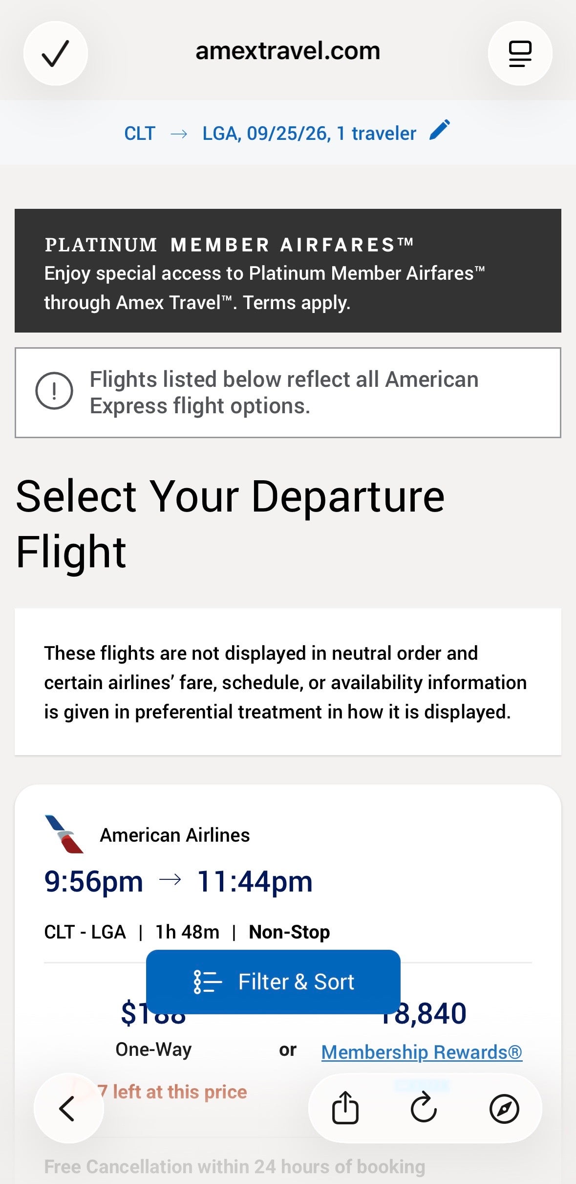 Booking a flight Amex Travel app