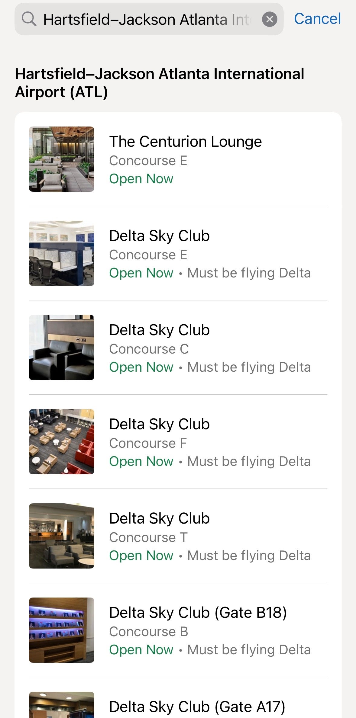 Amex Travel App lounges in ATL