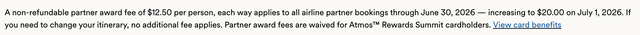 New terms on Alaska's website related to partner award booking fees.