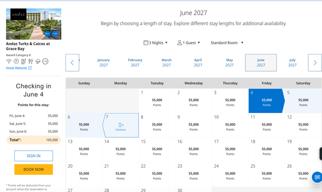 Points calendar for Andaz Turks & Caicos.
