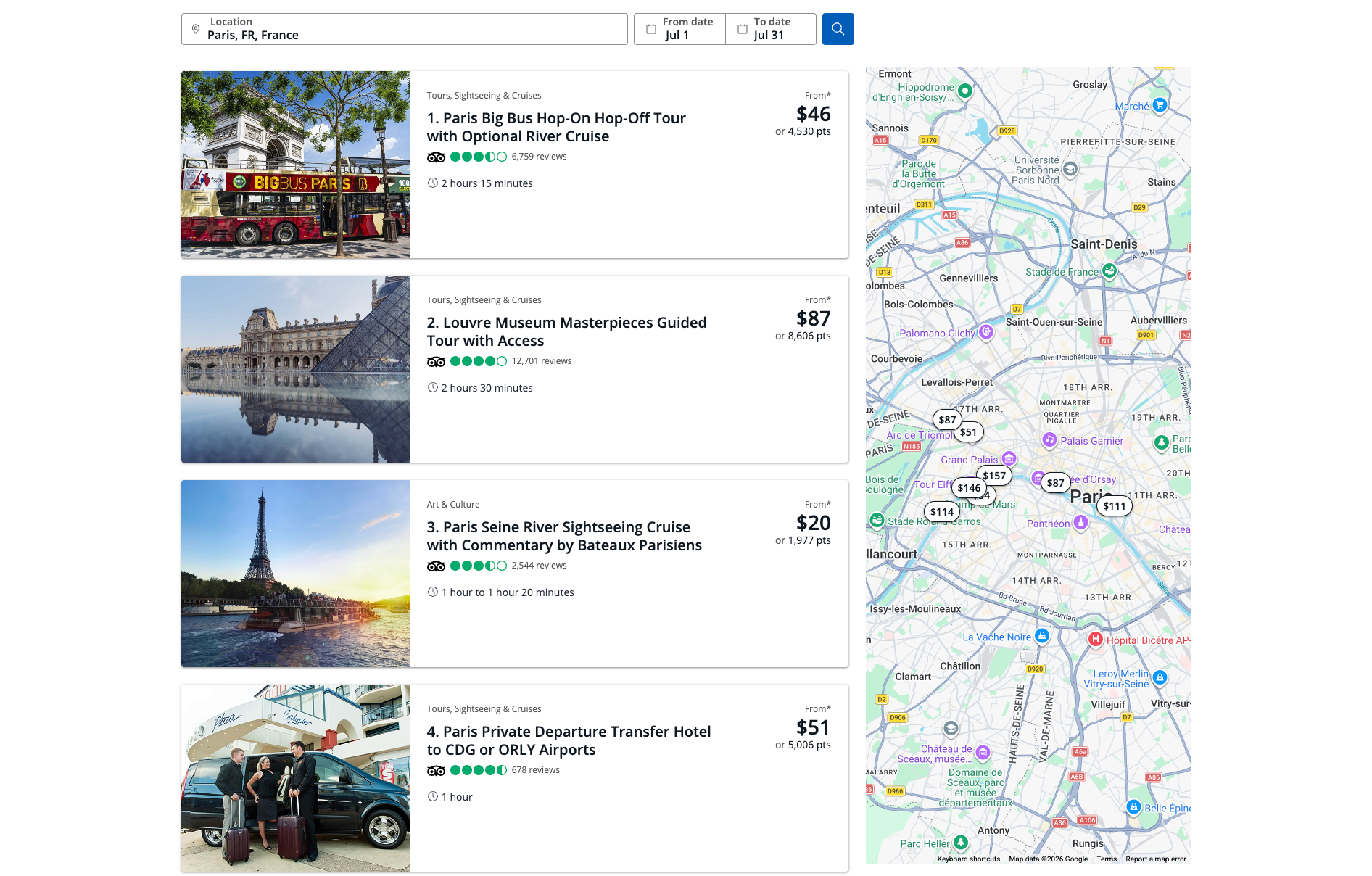 Screenshot of Chase travel