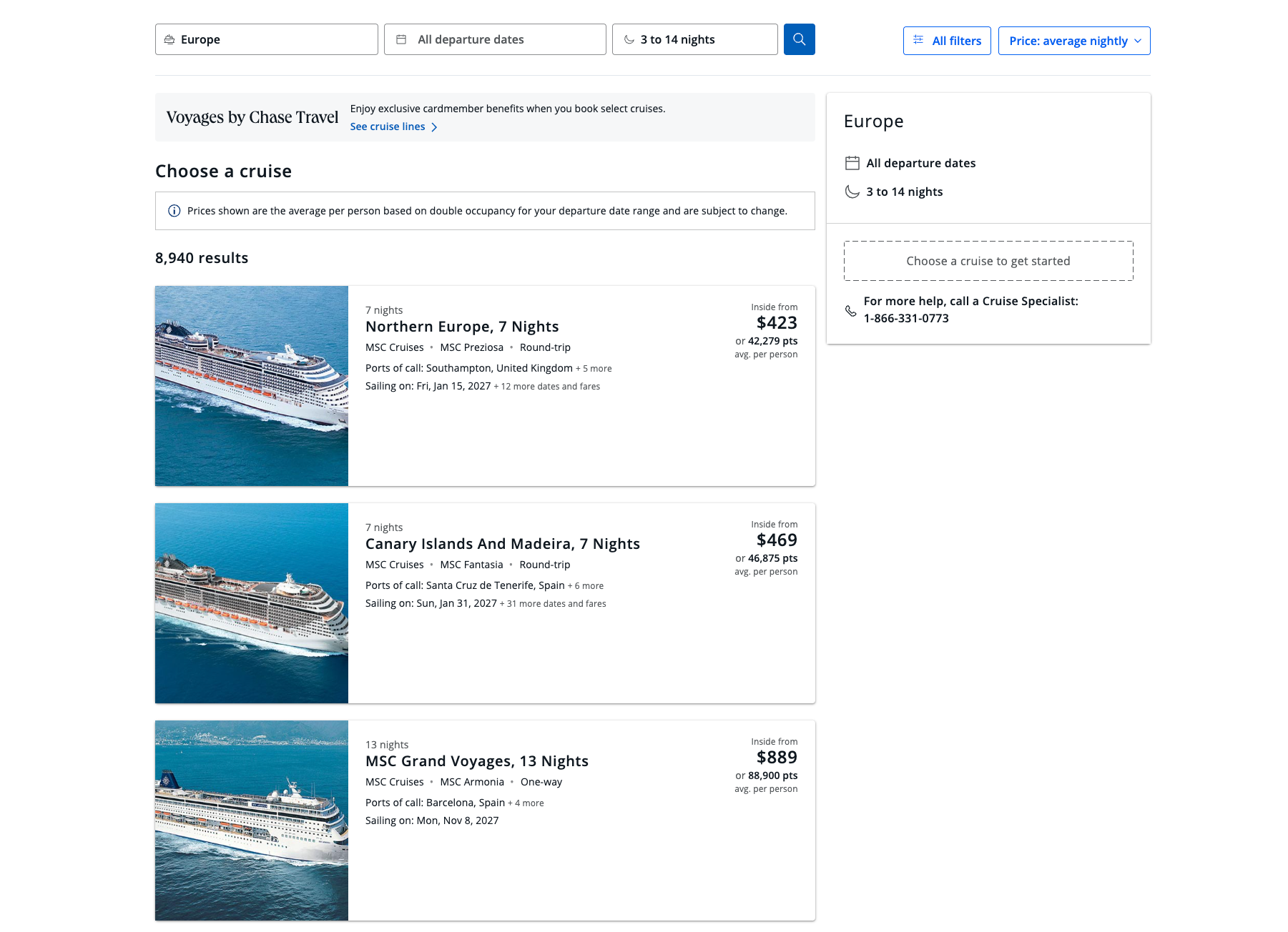 Screenshot of Chase cruise options in Europe