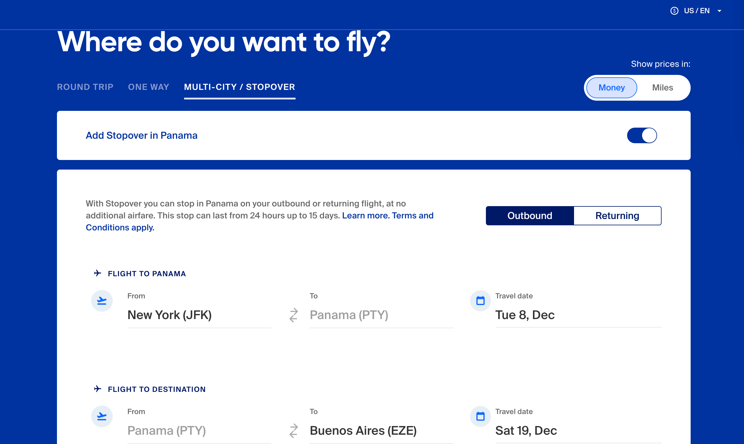 COPA AIRLINES booking page