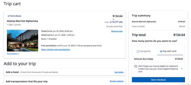 Paying for Atlanta Marriott Alpharetta in Chase Travel