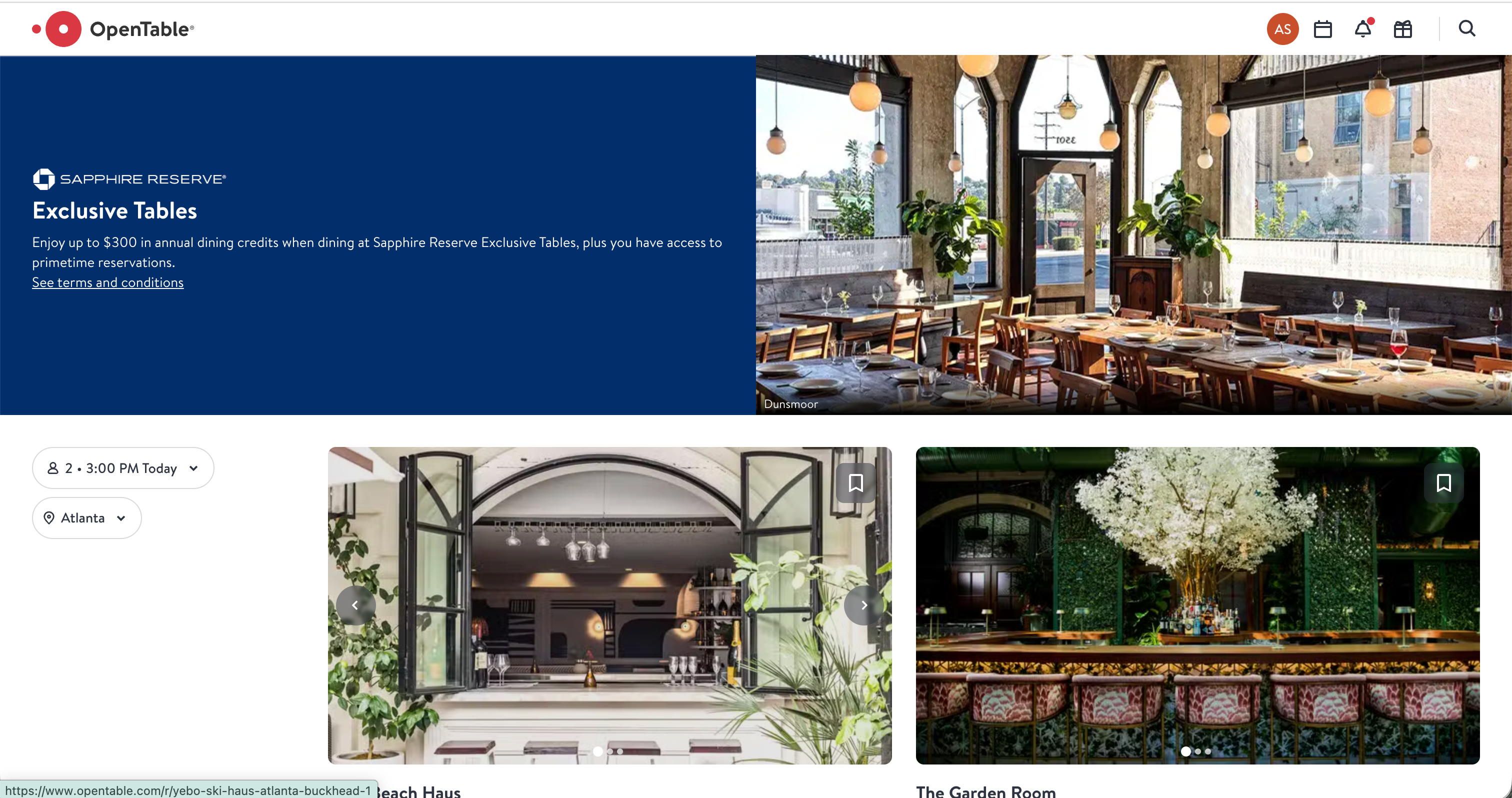 Sapphire Reserve Exclusive Tables landing page on OpenTable