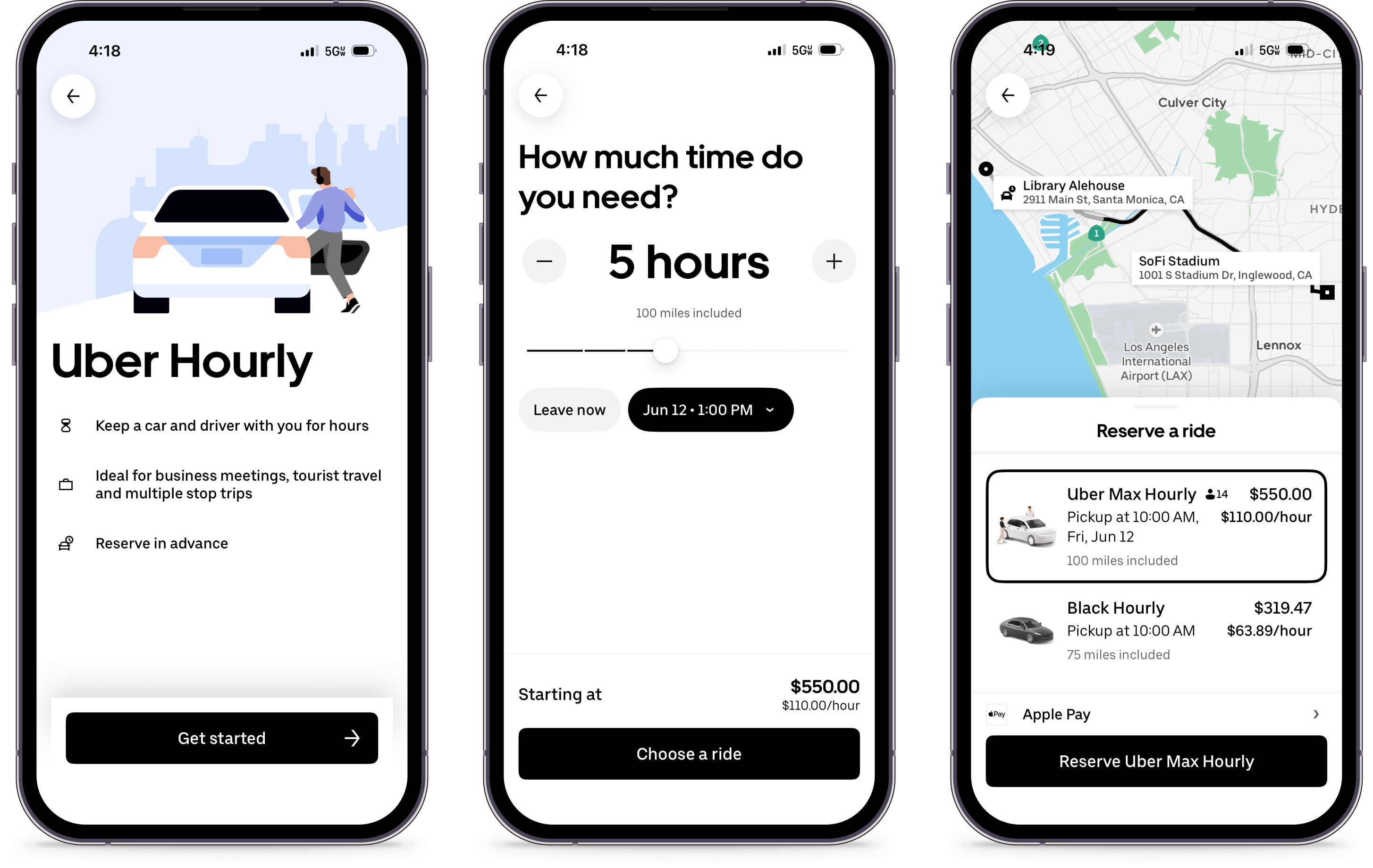 Uber Max hourly booking screenshots