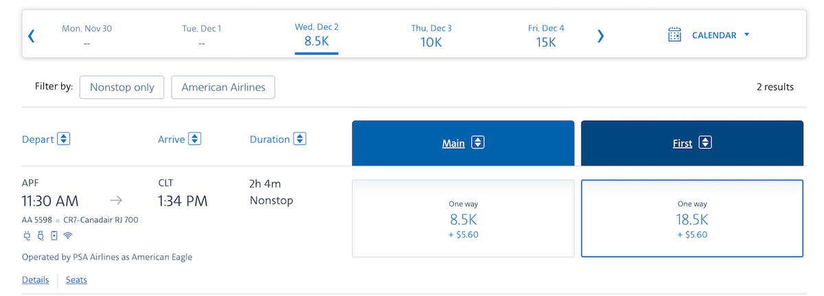 American Airlines Naples booking screenshot