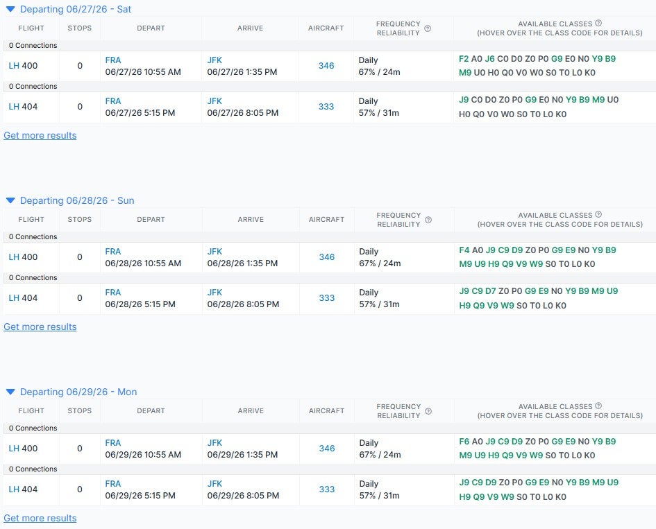ExpertFlyer inventory for Lufthansa from Frankfurt to New York