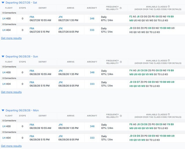 ExpertFlyer inventory for Lufthansa from Frankfurt to New York