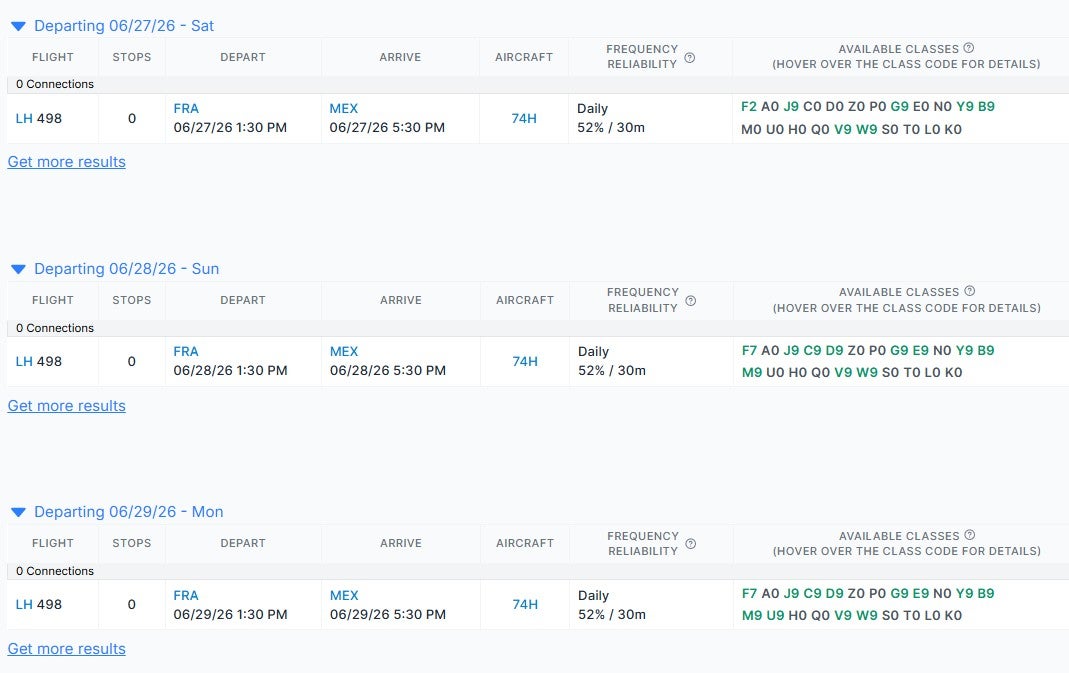 ExpertFlyer inventory for Lufthansa from Frankfurt to Mexico City