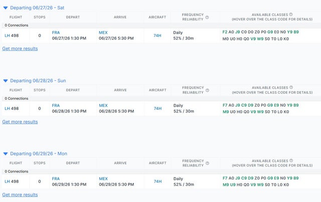 ExpertFlyer inventory for Lufthansa from Frankfurt to Mexico City
