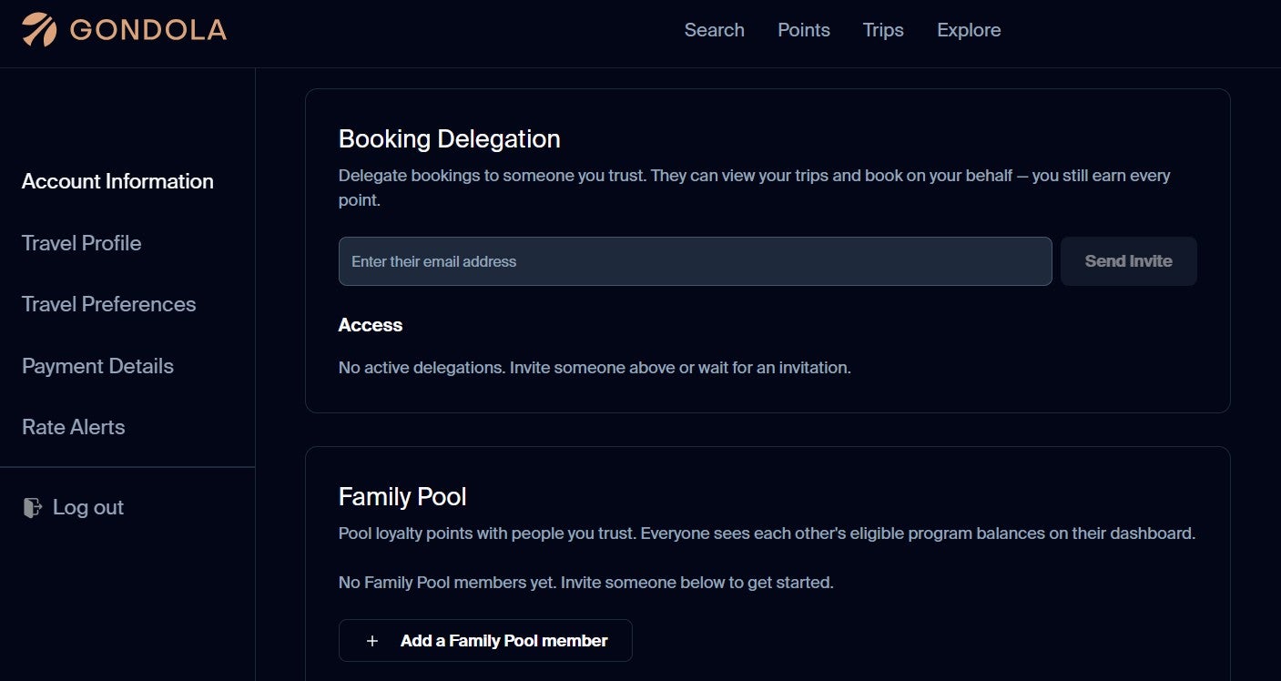 Gondola family pool and booking delegation features