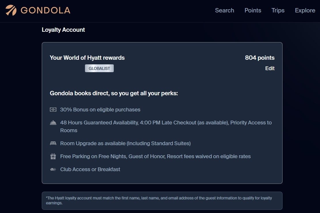 Booking a loyalty-eligible hotel stay through Gondola