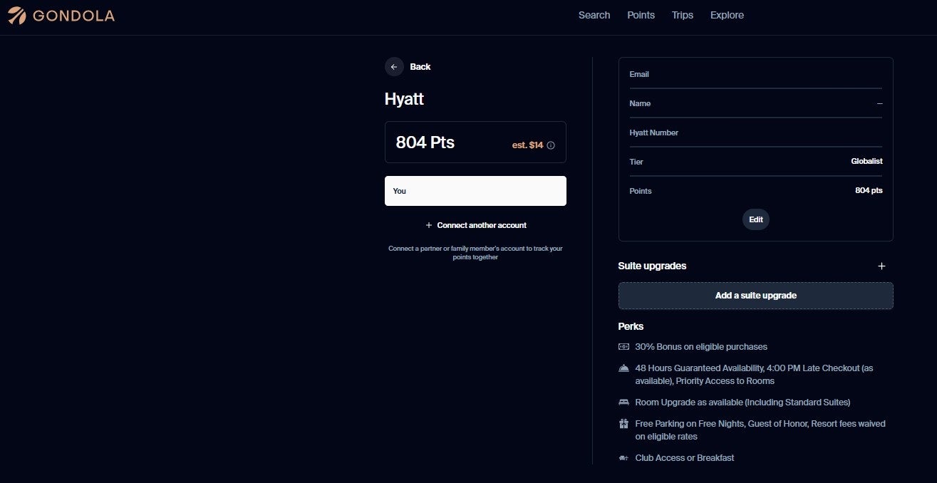 You can manually add Hyatt suite upgrade awards to your Gondola account if you wish