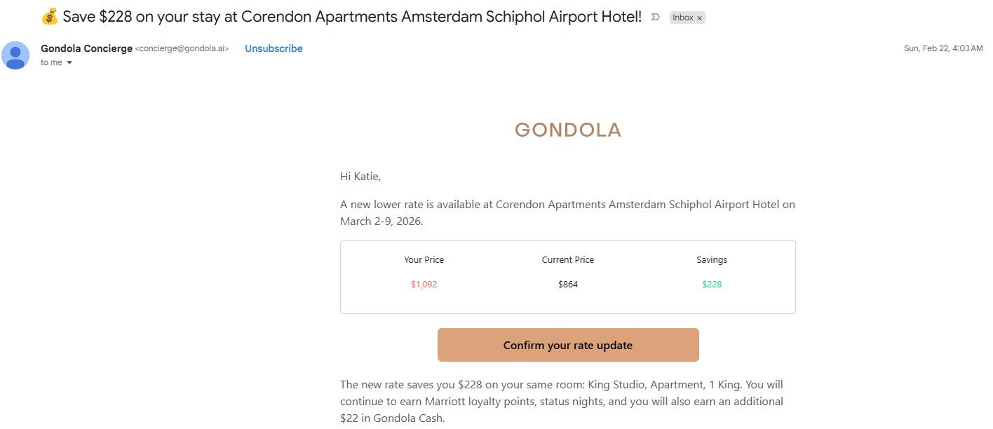 Email from Gondola about a lower hotel rate