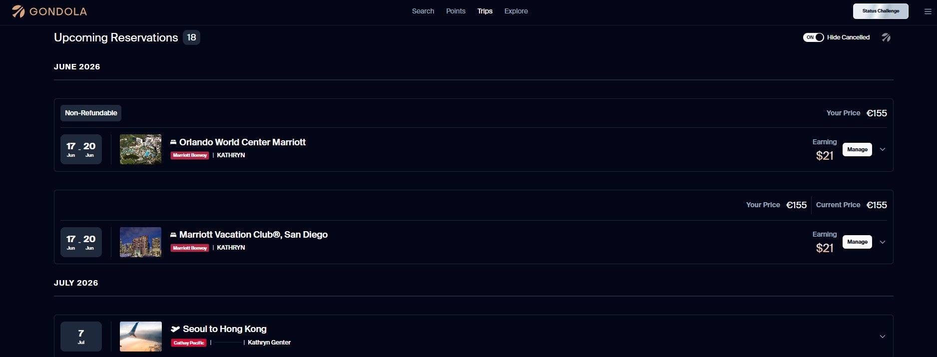 You can see upcoming trips you've booked on your Gondola Trips page