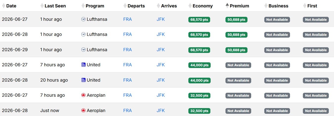 Seats.aero award from Frankfurt to New York
