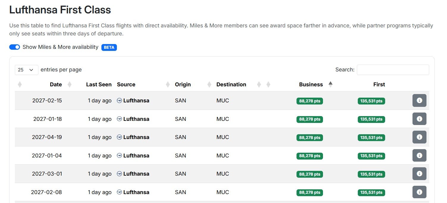 Seats.aero Lufthansa First Class award finder tool