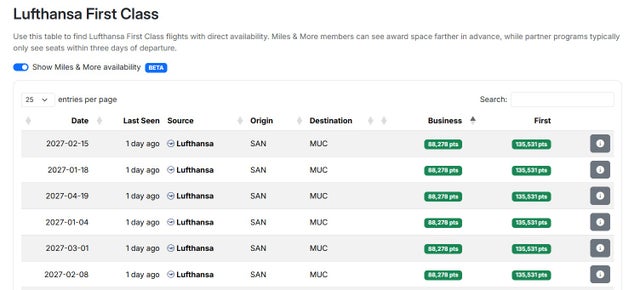 Seats.aero Lufthansa First Class award finder tool