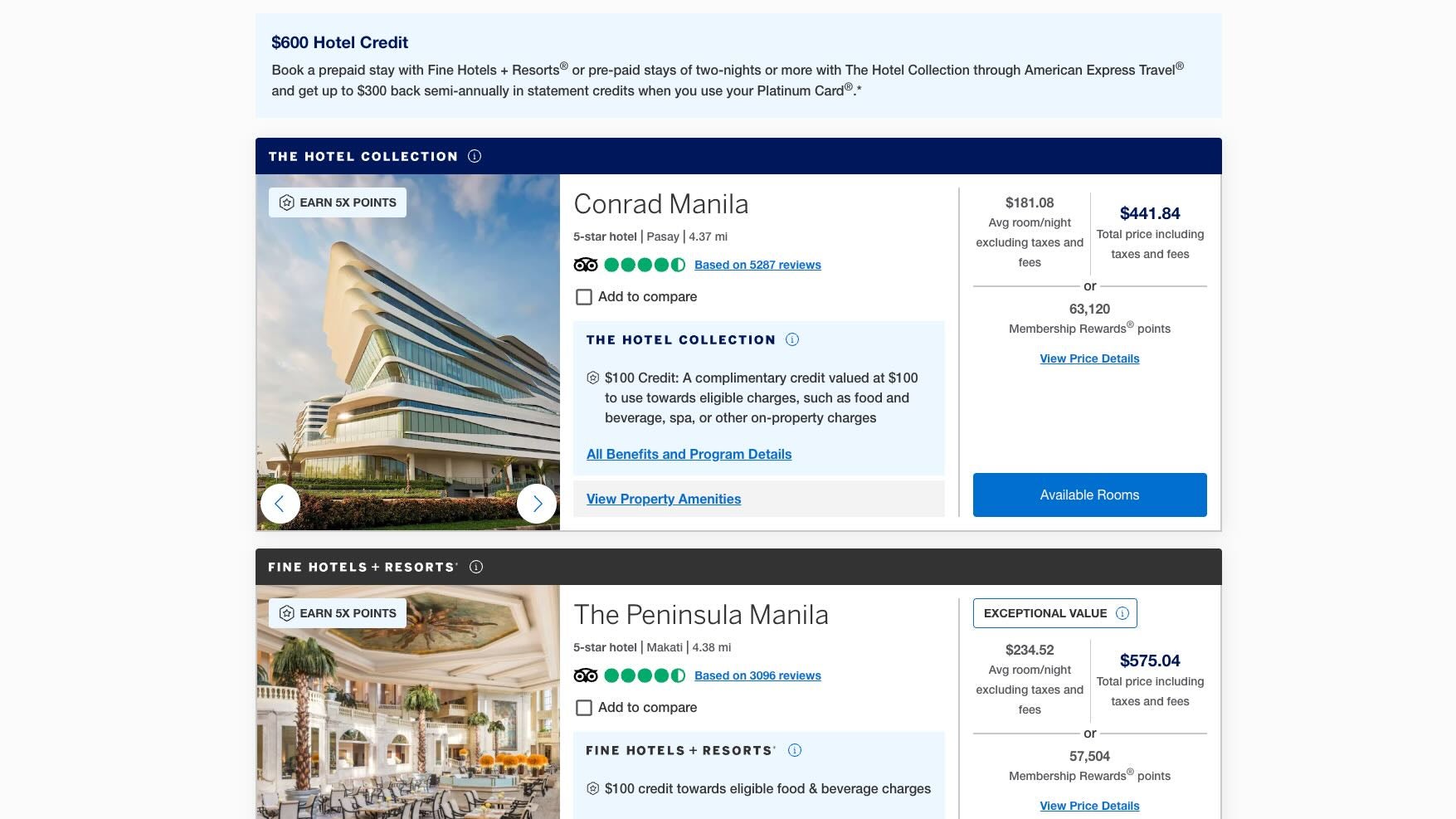 Amex Travel hotel search screenshot