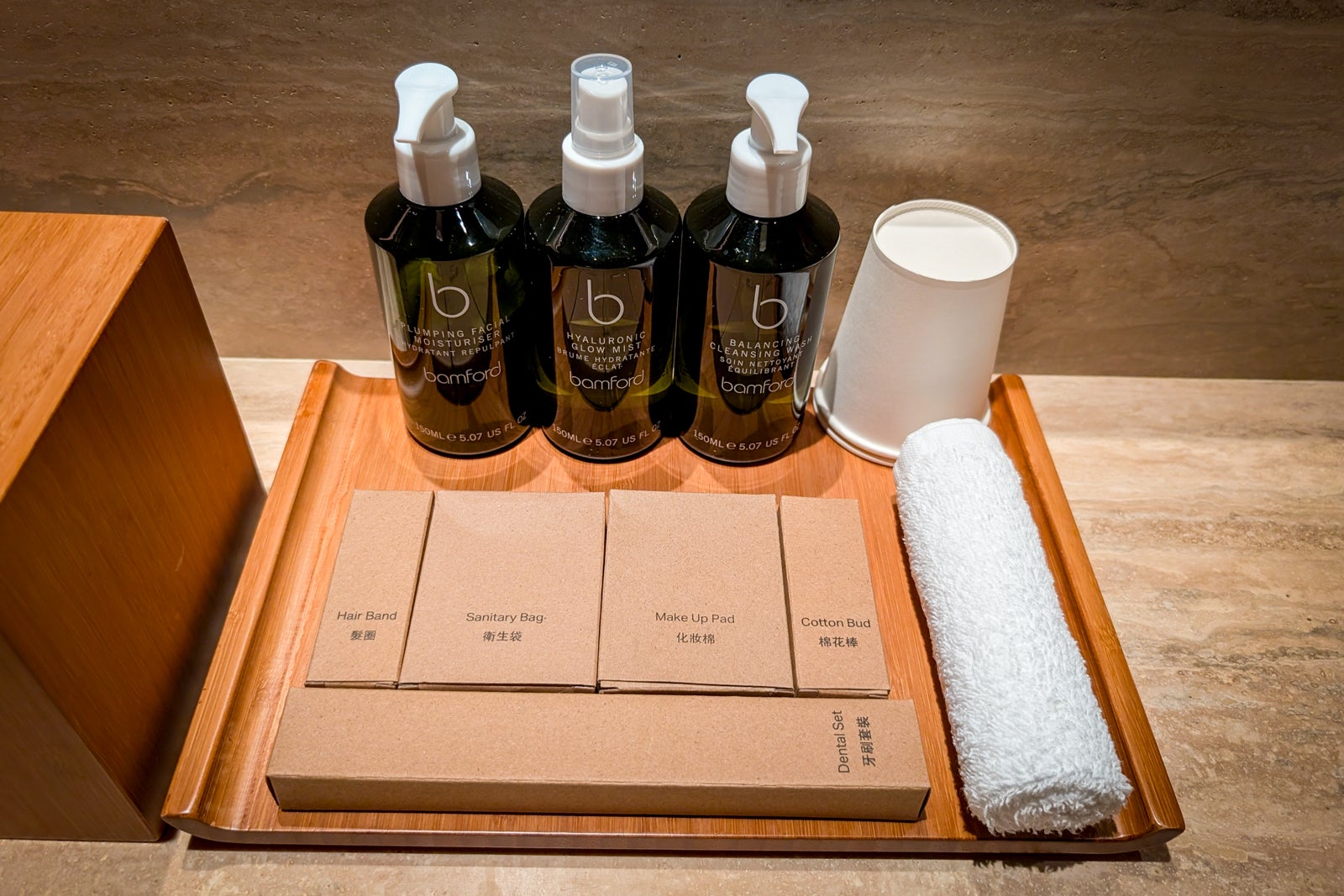 Amenities in a shower suite at The Wing, First lounge in Hong Kong