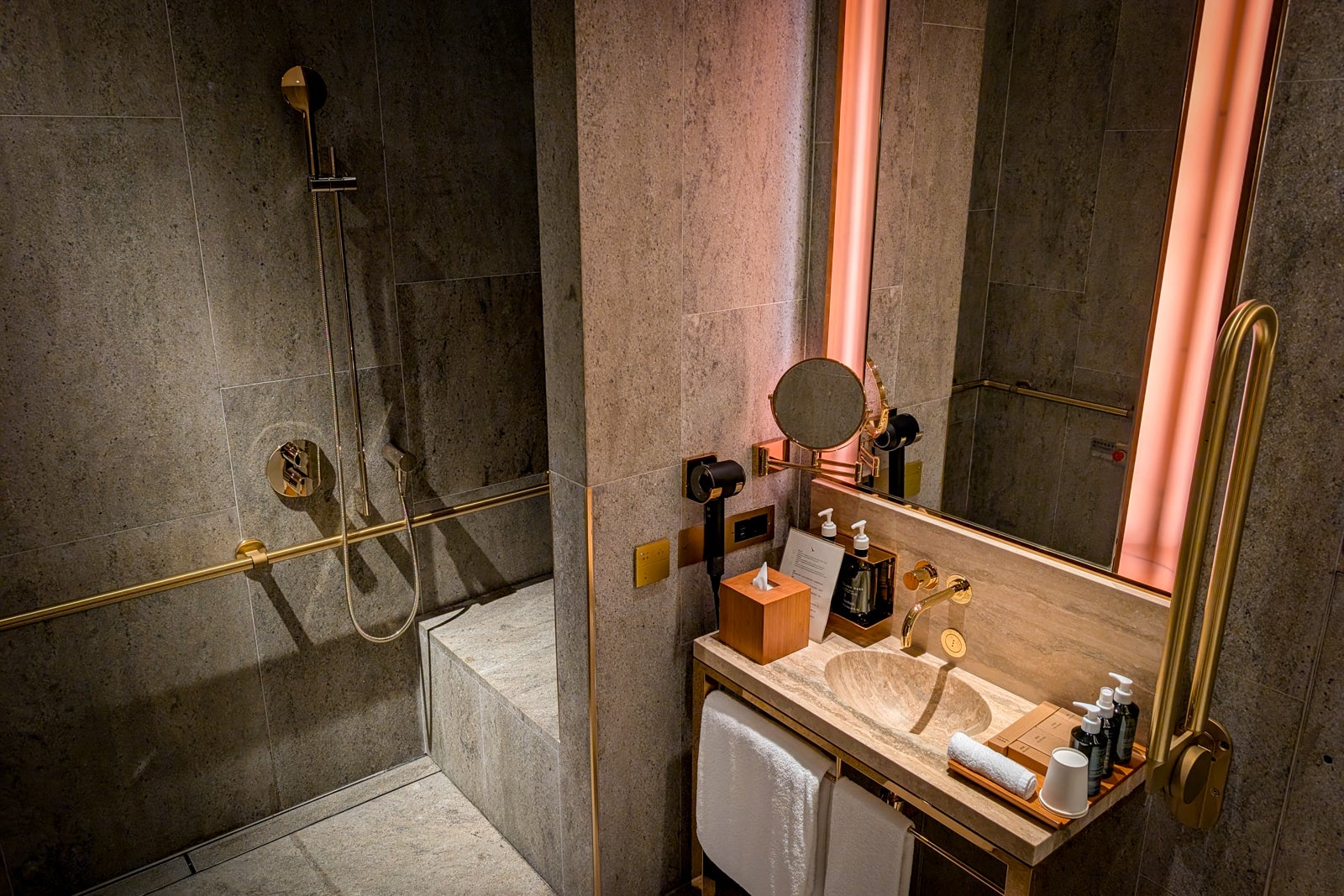 An accessible shower at The Wing, First lounge in Hong Kong